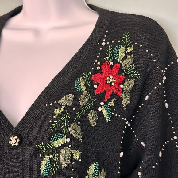 Womens Christmas Sweater S Embellished Poinsettia Beaded Embroidered Ugly Not - Picture 2 of 9